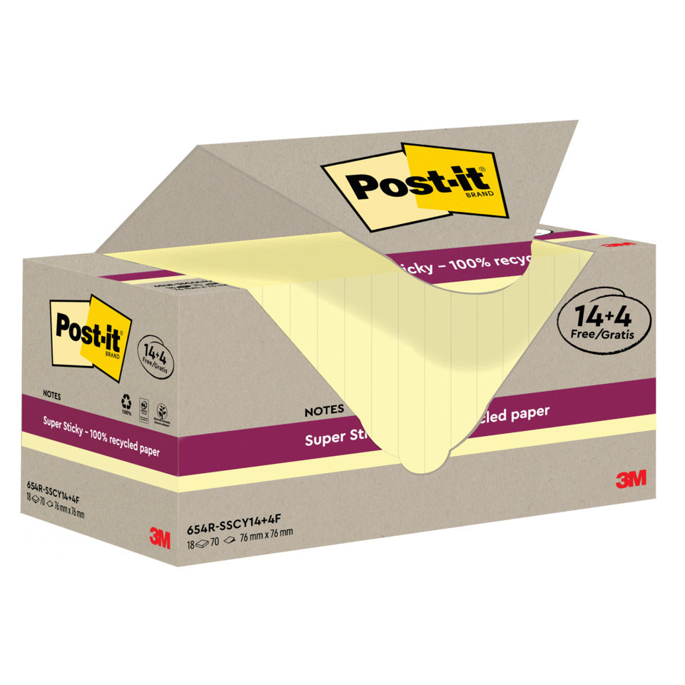 Haftnotizblock Super Sticky Recycling Notes, 76x76mm, 18x70 Blatt, gelb POST-IT 654 RSSCY 14+4F POST-IT 654 RSSCY 14+4F 76x76mm