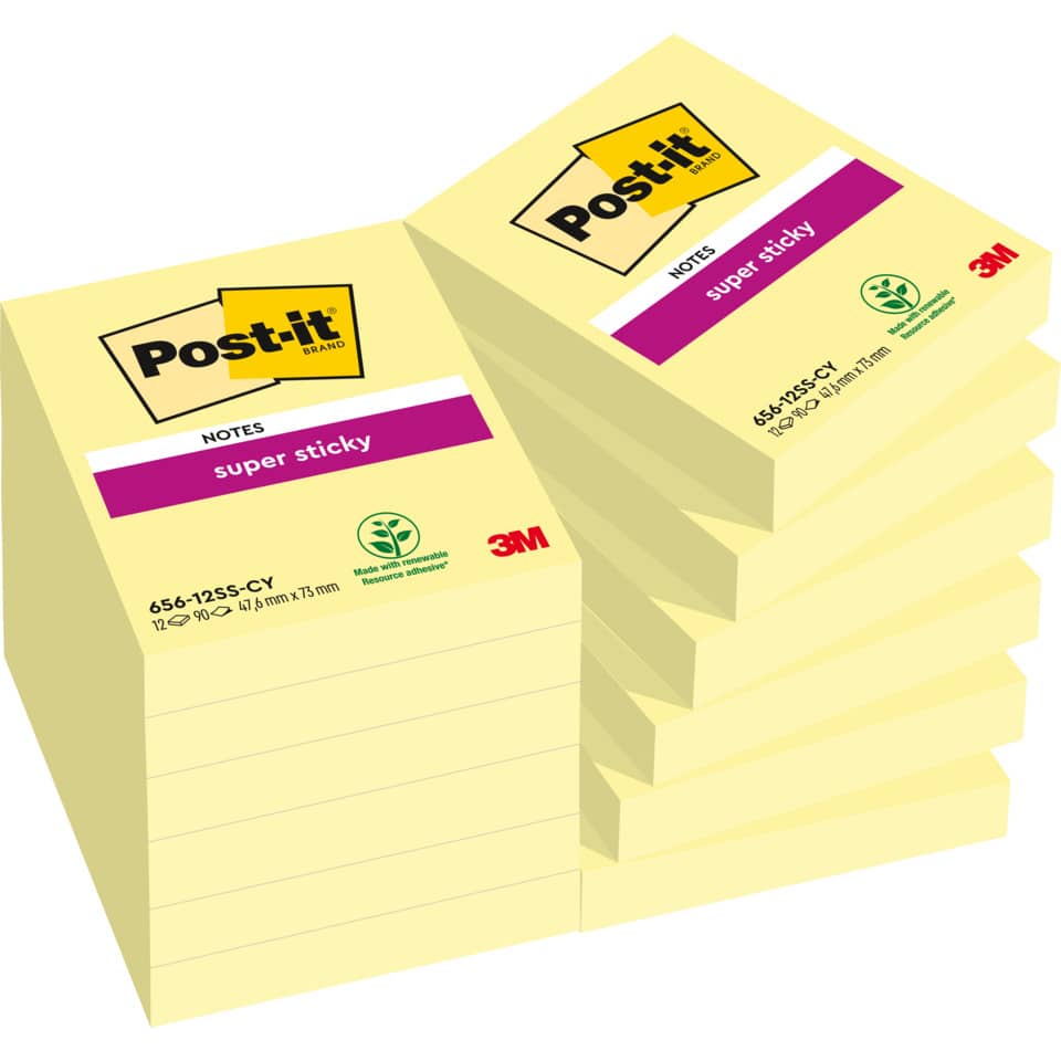 Haftnotizblock Super Sticky Notes, 48x73mm, 12x90 Blatt, gelb POST-IT 656-12SSCY POST-IT 656-12SSCY Super Sticky
