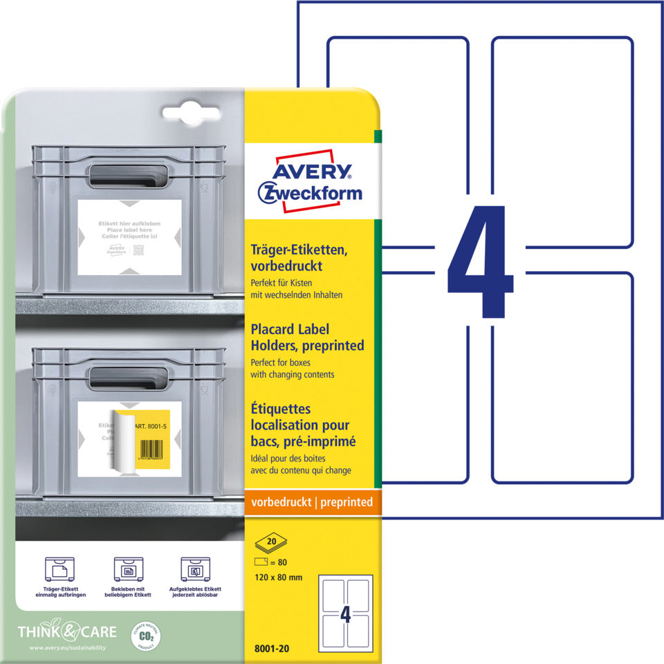 Träger-Etiketten, 120x80mm, 80 Stück, weiß/ hellgrau AVERY ZWECKFORM 8001-20 AVERY ZWECKFORM 8001-20  20Blatt