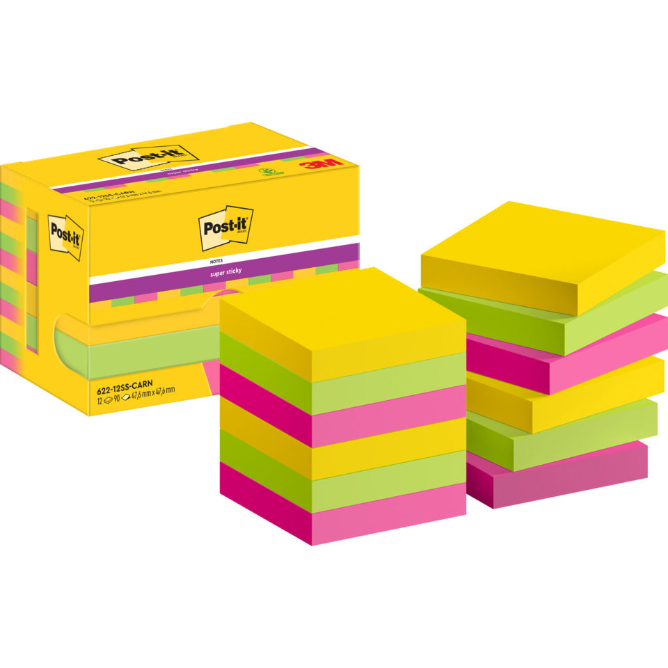 Haftnotizblock Super Sticky Notes Carnival Collection, 47,6x47,6mm, 12x90 Blatt POST-IT 622-12SS-CARN POST-IT 622-12SR