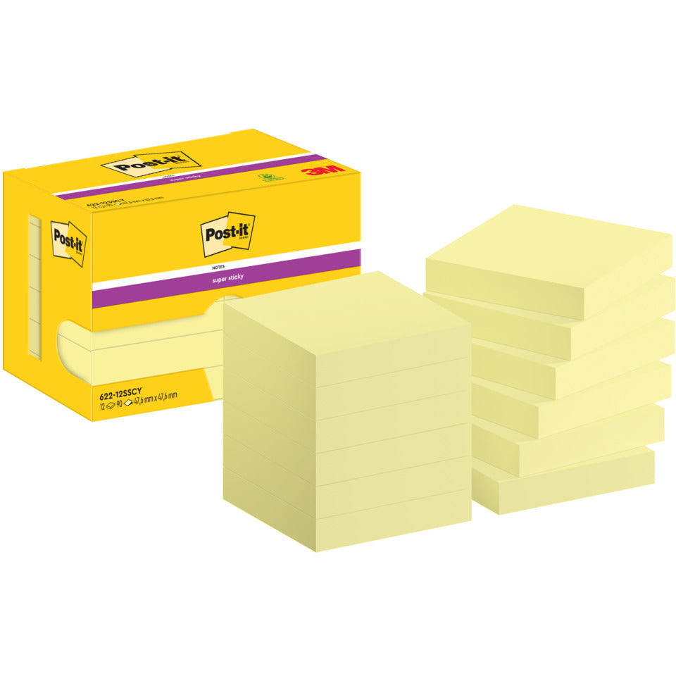 Haftnotizblock Super Sticky Notes, 47,6x47,6mm, 12x90 Blatt, gelb POST-IT 622-12SSCY POST-IT 622-12SSCY 12Bk SuperSticky