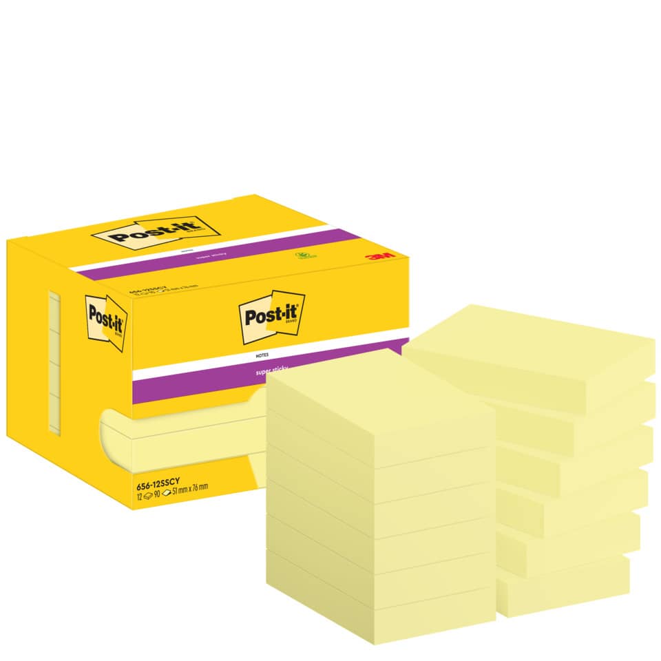 Haftnotizblock Super Sticky Notes, 48x73mm, 12x90 Blatt, gelb POST-IT 656-12SSCY POST-IT 656-12SSCY Super Sticky