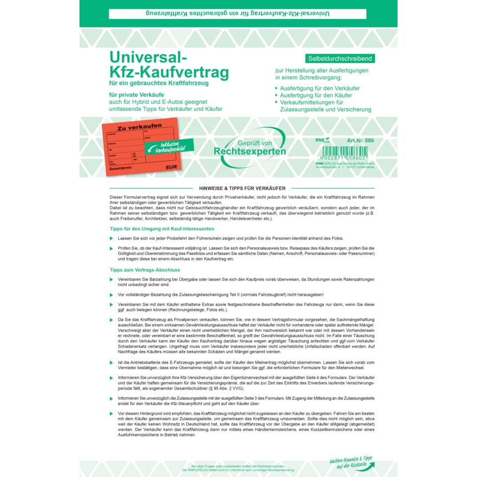 Kaufvertrag für ein gebrauchtes Kraftfahrzeug, SD, DIN A4, 210 x 297 mm, 6 Blatt RNK 586 RNK 586 SD 6Bl