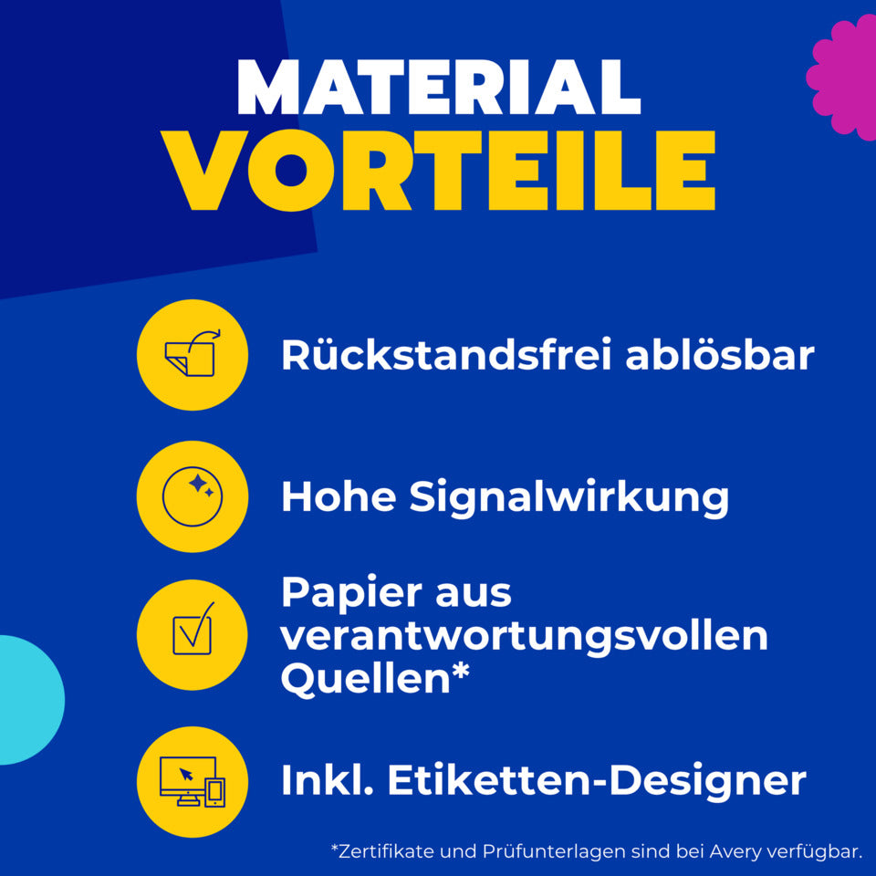Farbige Etiketten, Ø63,5cm, 300 Stück, neongelb AVERY ZWECKFORM L7670Y-25 AVERY ZWECKFORM L7670Y-25 63,5