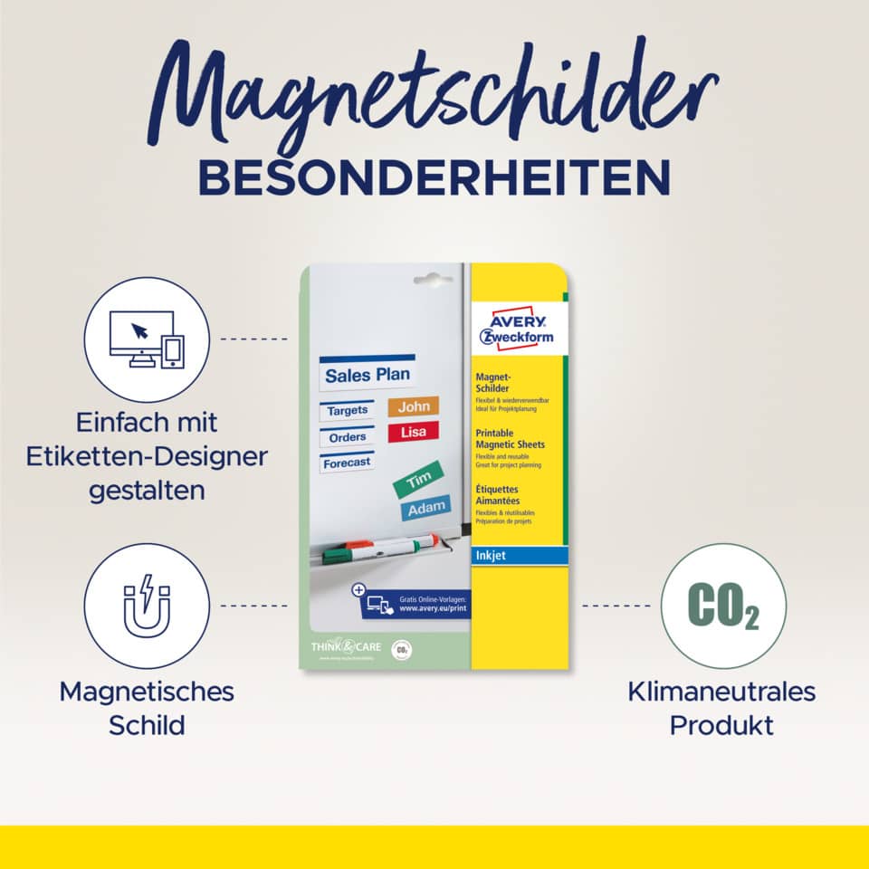 Magnet-Schilder, 78x28mm, 90 Stück, weiß AVERY ZWECKFORM J8871-5 ZWECKFORM J88715 5BL A4 90 ST