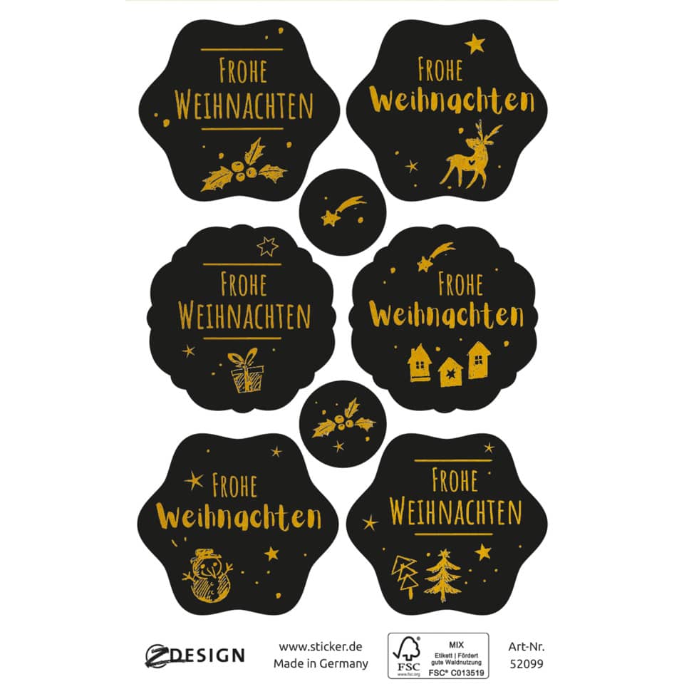 Weihnachtssticker Frohe Weihnachten, 8 Stück AVERY ZWECKFORM 52099 Z-DESIGN 52099 schwarz/gold