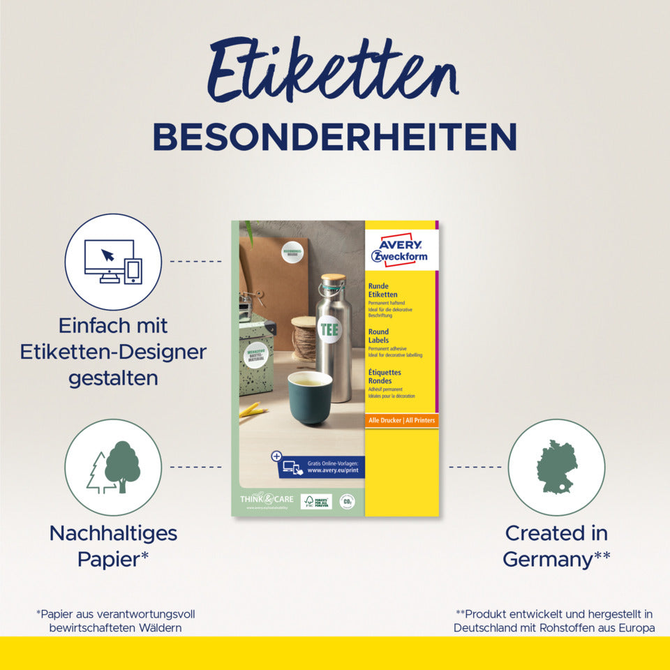 Universaletiketten, rund, ø 30 mm, A4, 480 Etiketten / 10 Bögen, weiß AVERY ZWECKFORM 6223-10 AVERY ZWECKFORM 6223-10 permanent