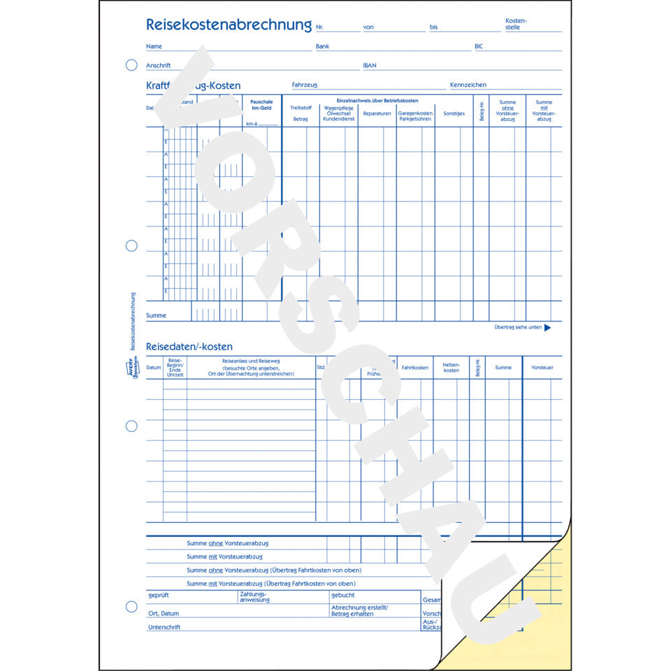 Reisekostenabrechnung, A4, selbstdurchschreibend, 2x40 Blatt AVERY ZWECKFORM 1751