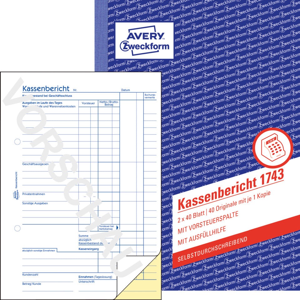 Kassenbuch, A5, selbstdurchschreibend, 2x40 Blatt AVERY ZWECKFORM 1743