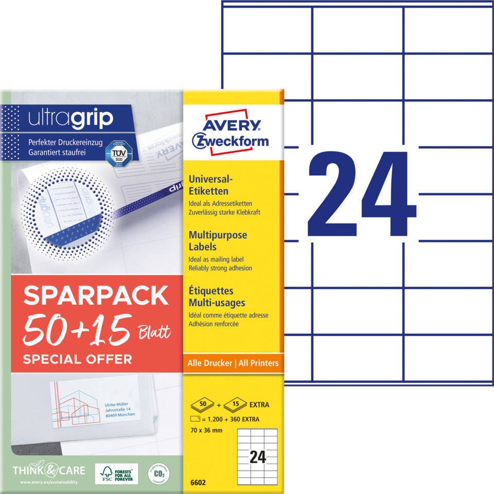 Universaletiketten, 70x36mm, 1560 Stück, weiß AVERY ZWECKFORM 6602 AVERY ZWECKFORM 6602 A4 mit ultragrip