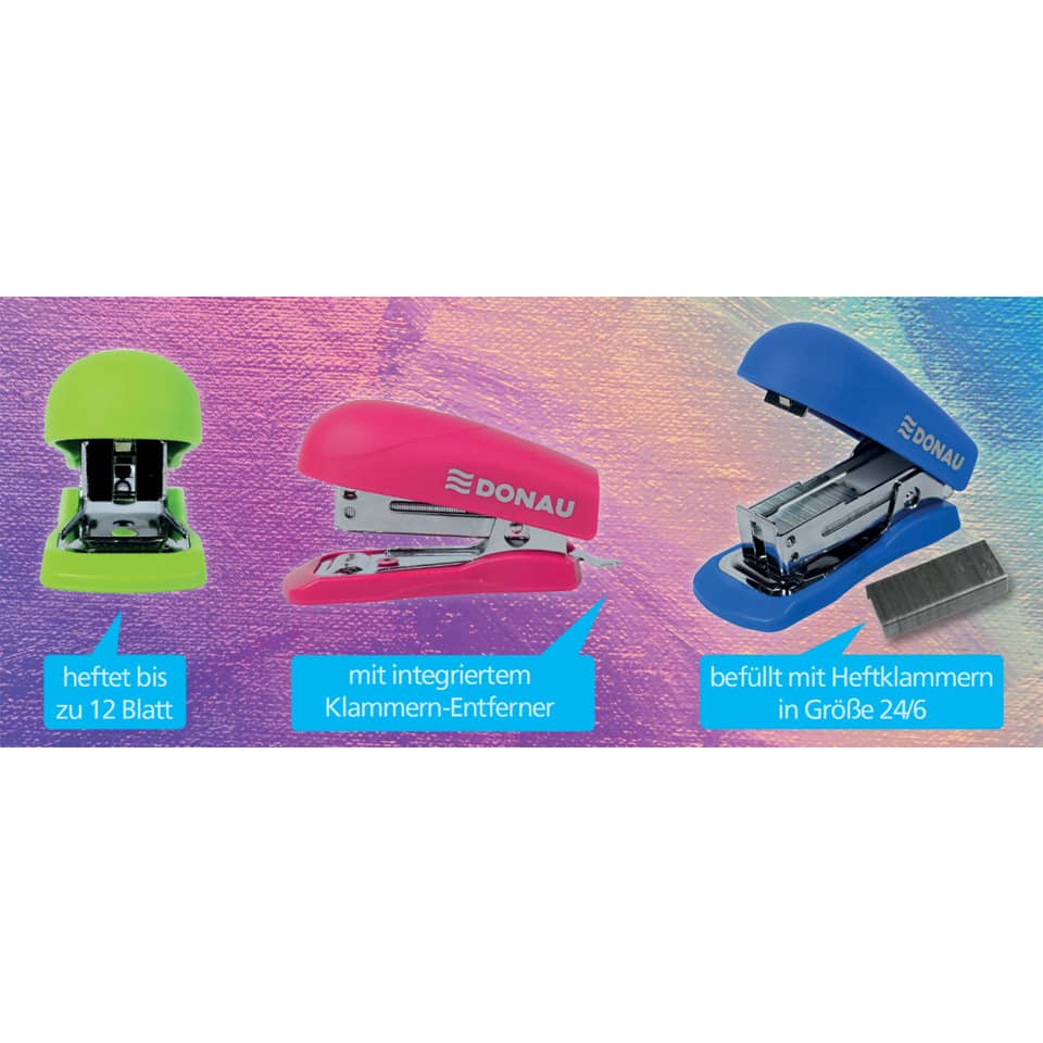 Heftapparat Mini, 12 Blatt, Einlegetiefe 16 mm, sortiert DONAU 4700100-99