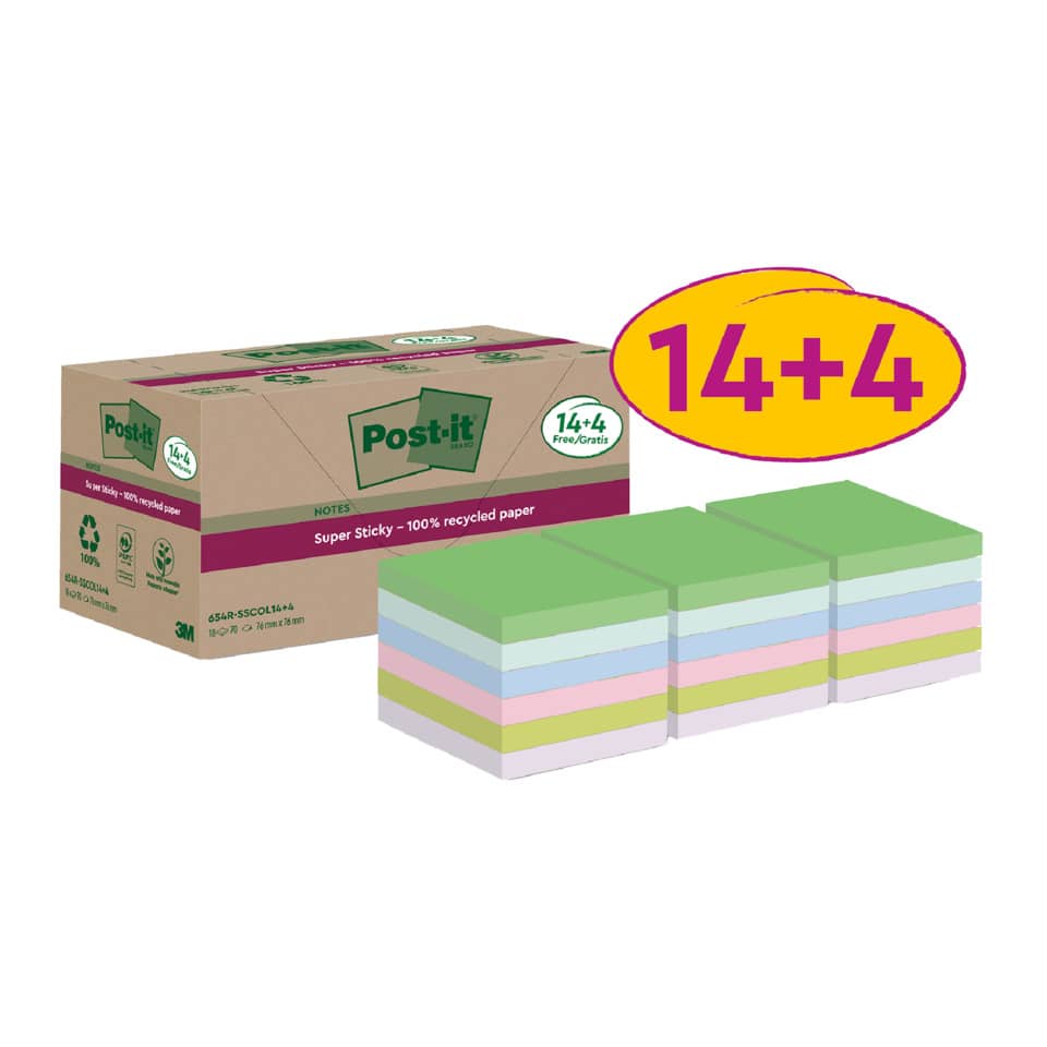 Haftnotizblock Super Sticky Recycling Notes, 76x76mm, 18x70 Blatt, sortiert POST-IT 654 RSSCOL14+4F POST-IT 654 RSSCOL14+4F 76x76mm