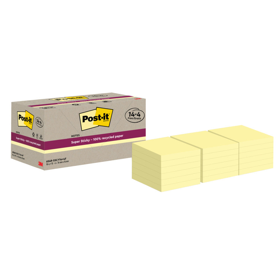 Haftnotizblock Super Sticky Recycling Notes, 76x76mm, 18x70 Blatt, gelb POST-IT 654 RSSCY 14+4F POST-IT 654 RSSCY 14+4F 76x76mm