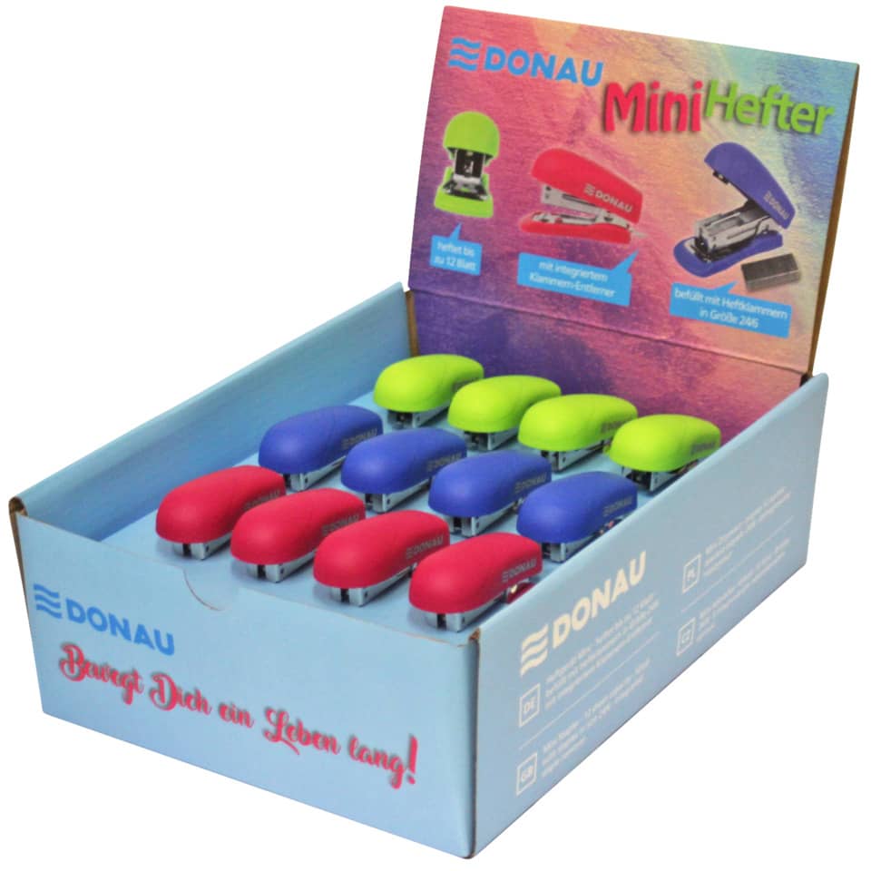 Heftapparat Mini, 12 Blatt, Einlegetiefe 16 mm, sortiert DONAU 4700100-99