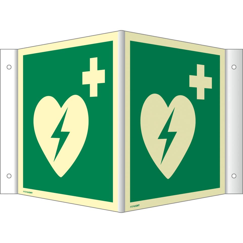 Winkelschild Automatisierter externer Defibrillator, 200x200mm, nachleuchtend MOEDEL 76889 MOEDEL 76889 nachl. 200x200mm