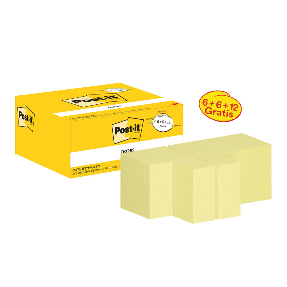 Haftnotizblock Notes Promotion, gelb, 6 x 654 + 6 x 655 + 12 x 653 gratis, (24 Blöcke) POST-IT 6546-6556+65312 POST-IT 654Y6-655Y6+653Y 12x653 gratis