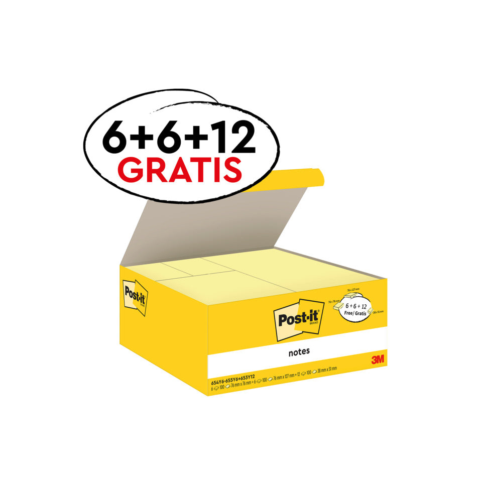 Haftnotizblock Notes Promotion, gelb, 6 x 654 + 6 x 655 + 12 x 653 gratis, (24 Blöcke) POST-IT 6546-6556+65312 POST-IT 654Y6-655Y6+653Y 12x653 gratis