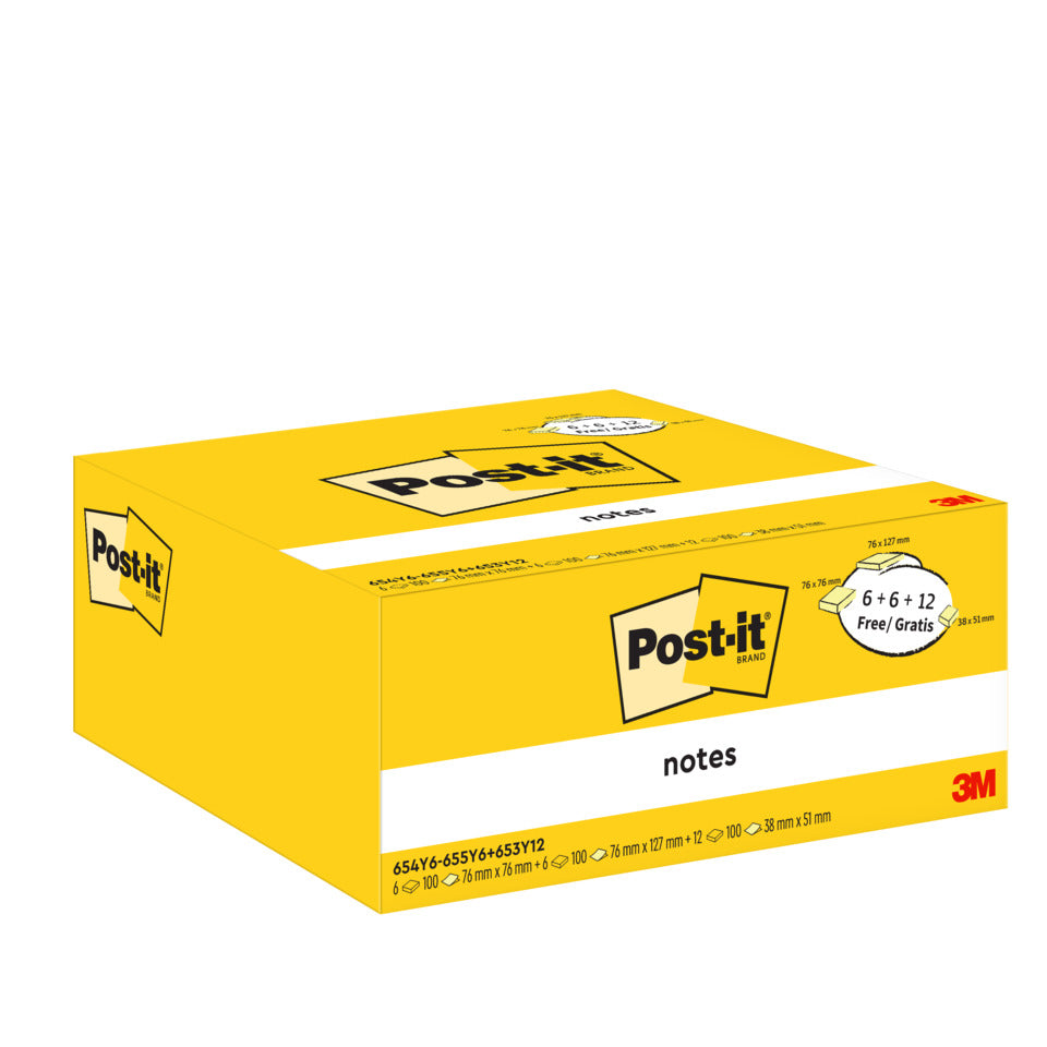 Haftnotizblock Notes Promotion, gelb, 6 x 654 + 6 x 655 + 12 x 653 gratis, (24 Blöcke) POST-IT 6546-6556+65312 POST-IT 654Y6-655Y6+653Y 12x653 gratis