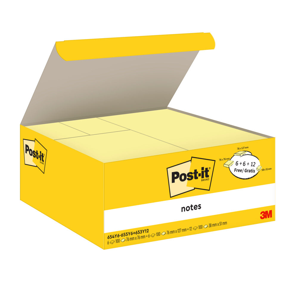 Haftnotizblock Notes Promotion, gelb, 6 x 654 + 6 x 655 + 12 x 653 gratis, (24 Blöcke) POST-IT 6546-6556+65312 POST-IT 654Y6-655Y6+653Y 12x653 gratis