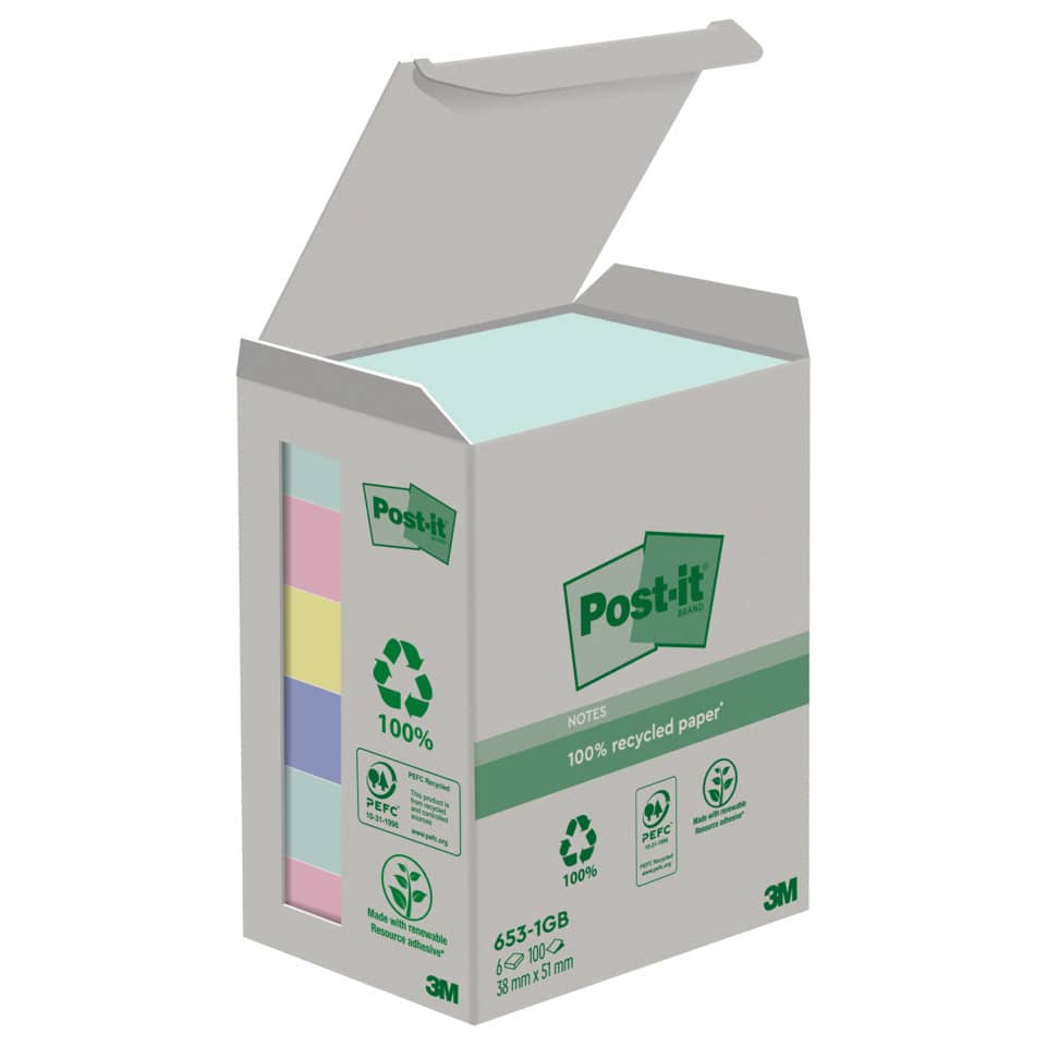 Haftnotizblock Recycling Notes, 38x51mm, 6x100 Blatt, pastell POST-IT 653-1GB POST-IT 653-1GB UWF 100Bl 6St