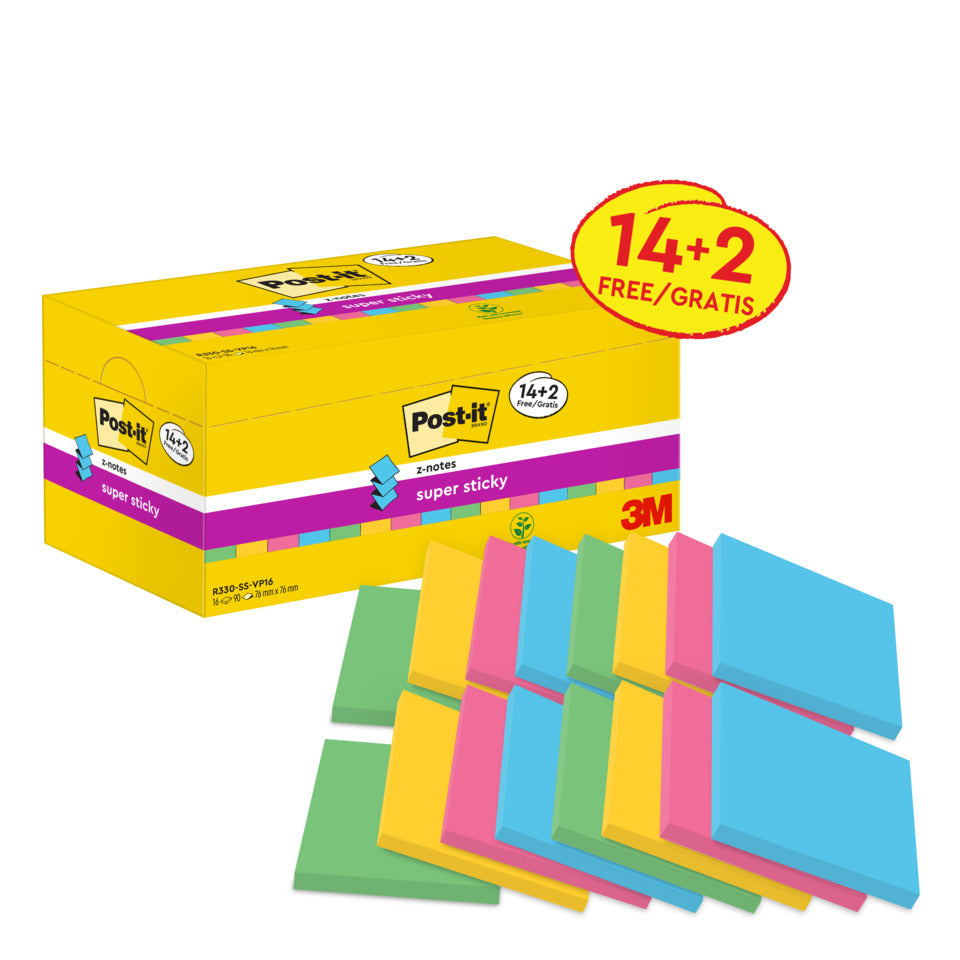 Haftnotizblock Super Sticky Z-Notes, 76x76mm, 16x90 Blatt, sortiert POST-IT R330S16 POST-IT R330-SS-VP16 Rio