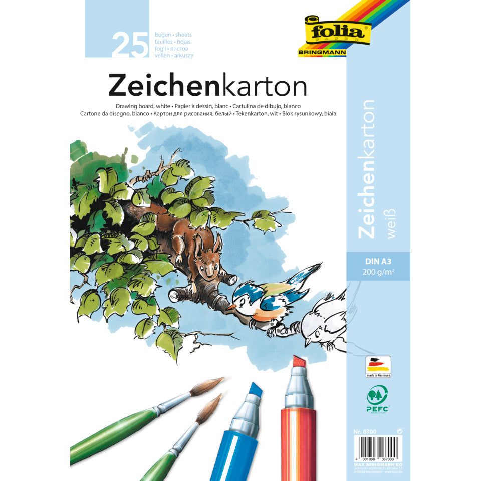 Zeichenkarton, A3, 200g/m², 25 Blatt, weiß FOLIA 8700 FOLIA 8700 200g Zeichenpapier