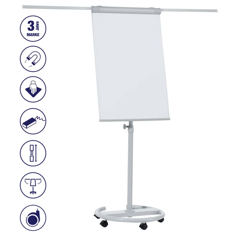 Flipchart Mobil ECO, Stahl, Rundfuß, höhenverstellbar, 2 ausklappbare Arme, 68 x 105 cm, grau FRANKEN F2400/N