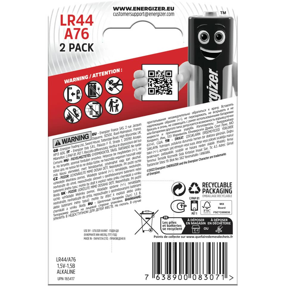 Knopfzellen-Batterie Alkali-Mangan LR44/A76, 2 Stück ENERGIZER 623055 ENERGIZER 623055 LR44