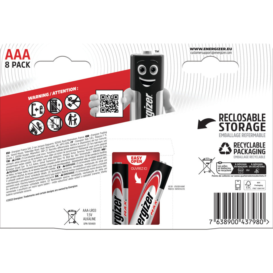 Batterie Alkali-Mangan Max, LR03/AAA/Micro, 8 Stück ENERGIZER E303324100 ENERGIZER E301530906/E303324100 Max