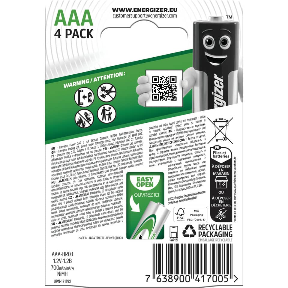 Batterie Akku Power Plus, HR03/AAA/Micro, NiMH 700mAh, 4 Stück ENERGIZER E300626604 ENERGIZER E300626604 NiMH Power Plus