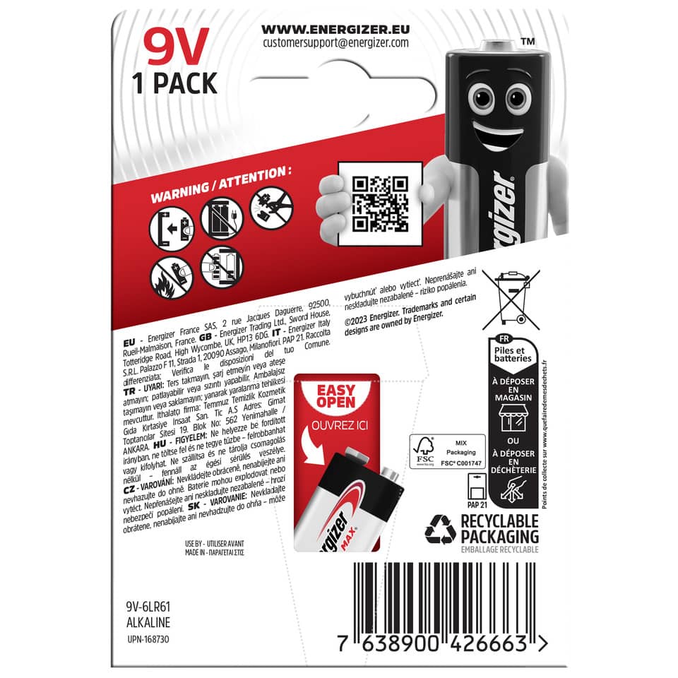 Batterie Alkali-Mangan MAx 9V, 6LR61/E-Block, 1 Stück ENERGIZER E301531802 ENERGIZER E301531802 Max