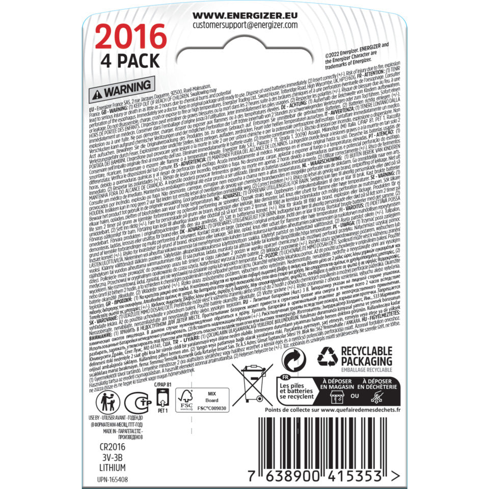 Knopfzellen-Batterie Lithium CR2016, 4 Stück ENERGIZER E300849004 ENERGIZER E300849004 Lithium