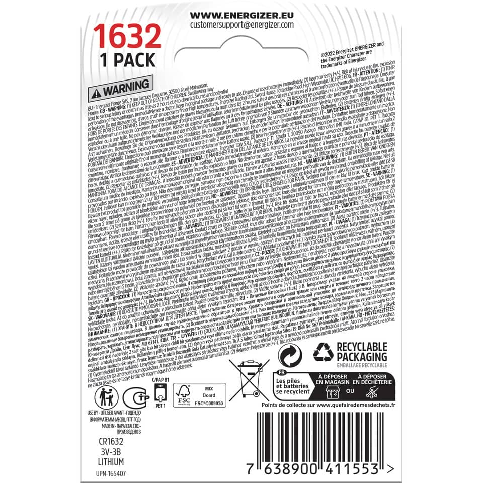 Knopfzellen-Batterie Lithium CR1632, 1 Stück ENERGIZER E300844102 ENERGIZER E300844102 Lithium