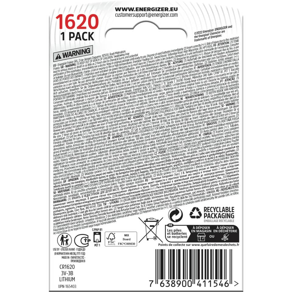 Knopfzellen-Batterie Lithium CR1620, 1 Stück ENERGIZER E300844002 ENERGIZER E300844002 Lithium