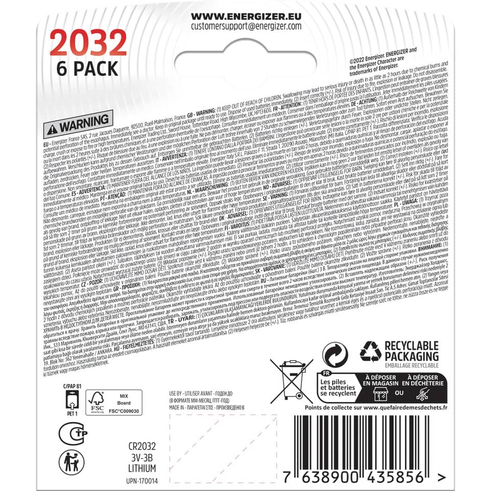 Knopfzellen-Batterie Lithium CR2032, 6 Stück ENERGIZER E303272400 ENERGIZER E303272400 Lithium