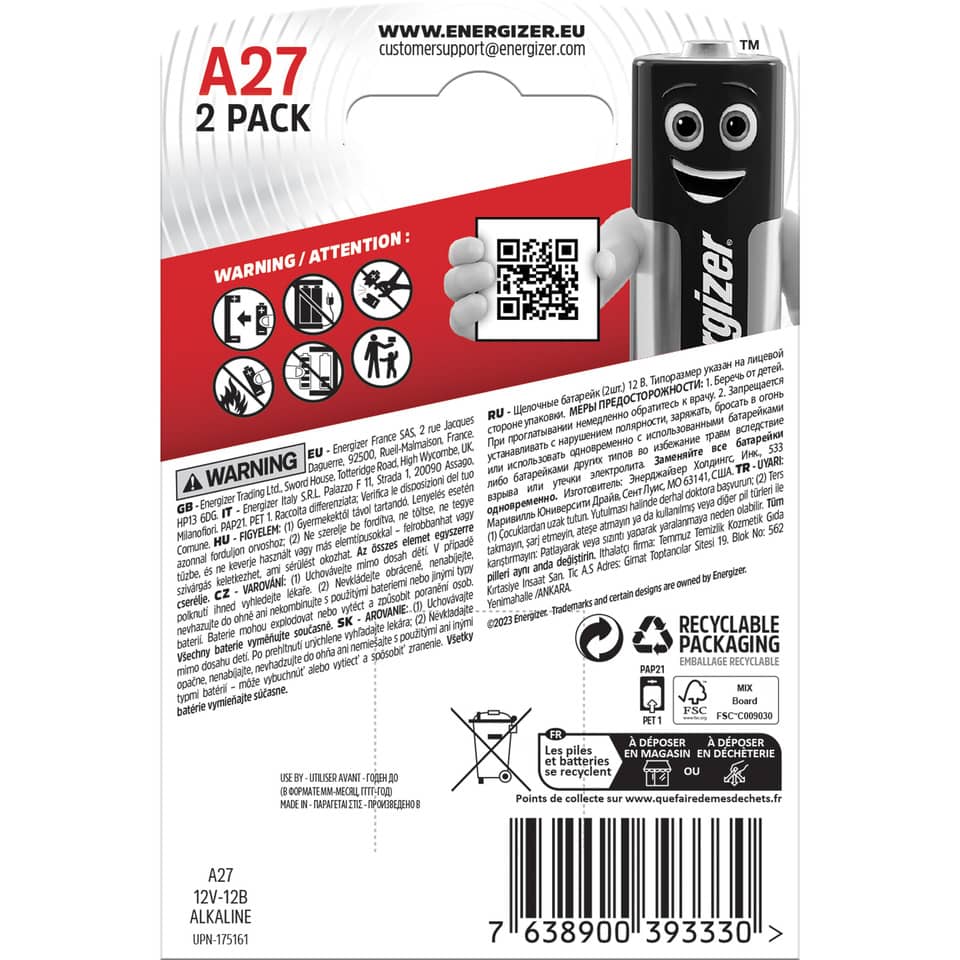 Batterie Alkali-Mangan, L828/A27/12 Volt, 2 Stück ENERGIZER E301536401 ENERGIZER E301536401 Alkali 12V