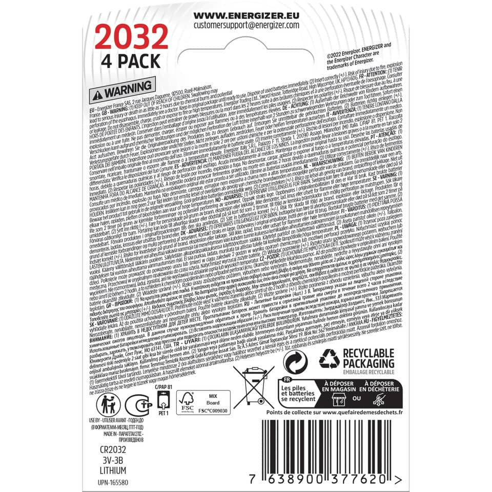 Knopfzellen-Batterie Lithium CR2032. 4 Stück ENERGIZER E300830108 ENERGIZER E300830108 Lithium