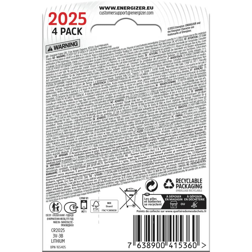 Knopfzellen-Batterie Lithium CR2025, 4 Stück ENERGIZER E300849104 ENERGIZER E300849104 Lithium
