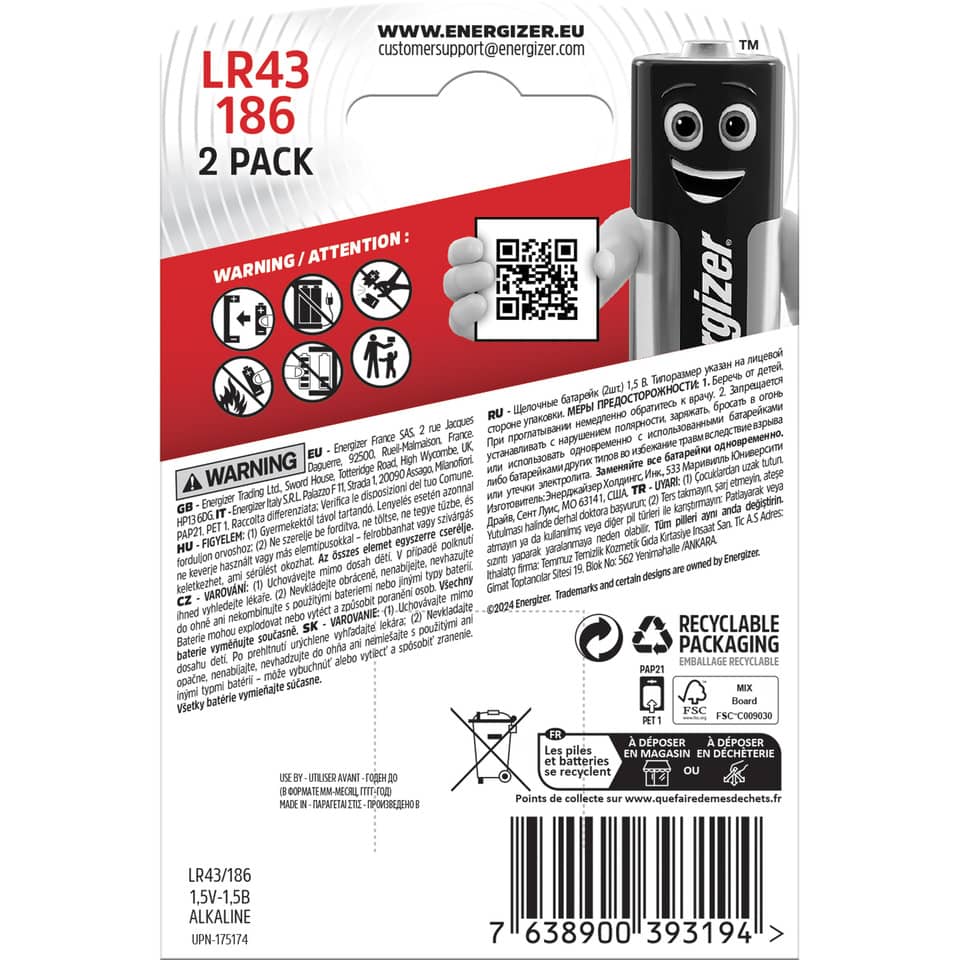 Knopfzellen-Batterie Alkali Mangan LR43/186, 2 Stück ENERGIZER E301536501 ENERGIZER E301536501 Alkali Mangan