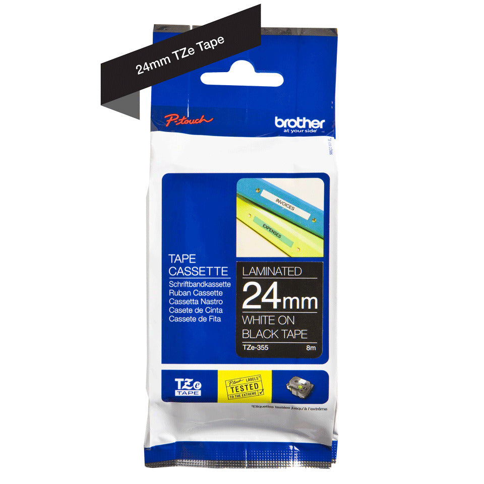 Schriftband, TZe-355, 24 mm breit / 8 m lang, weiß auf schwarz, laminiert BROTHER TZE355 BROTHER TZE355 24mm 8m
