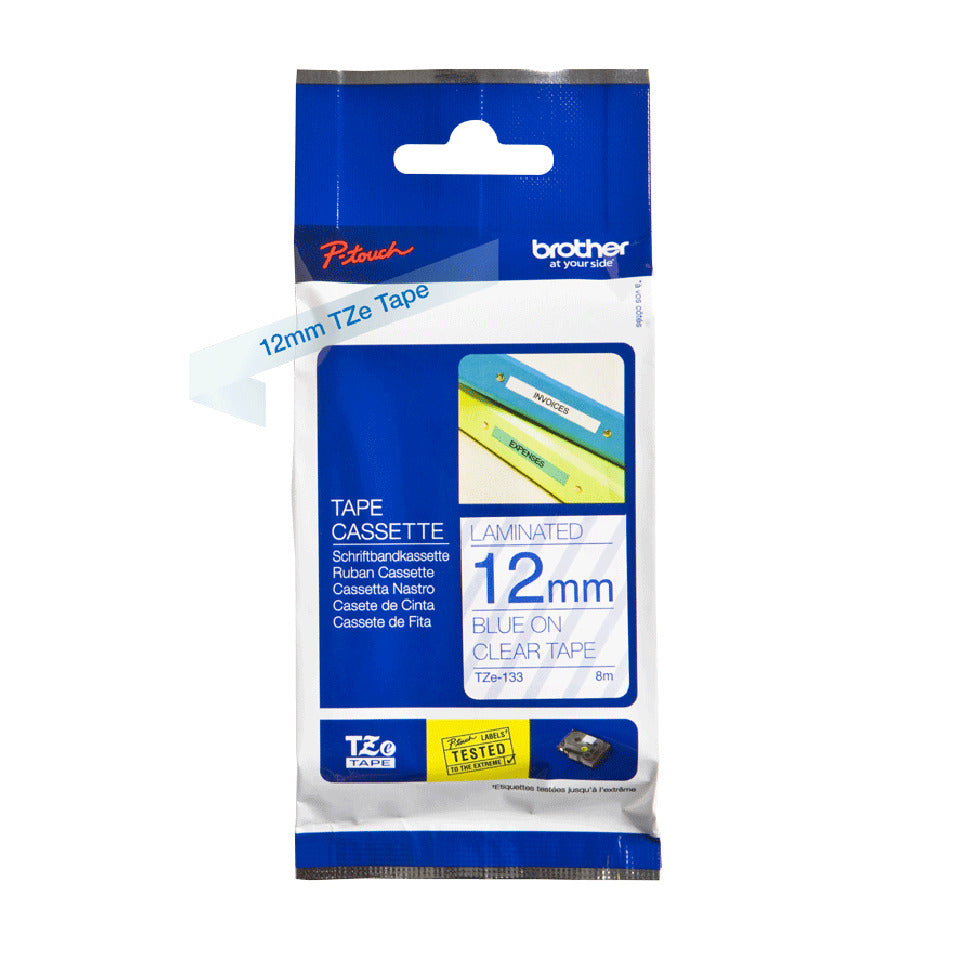Schriftband laminiert, 12mmx8m, blau/transparent BROTHER TZE133 BROTHER TZE133 12mm 8m