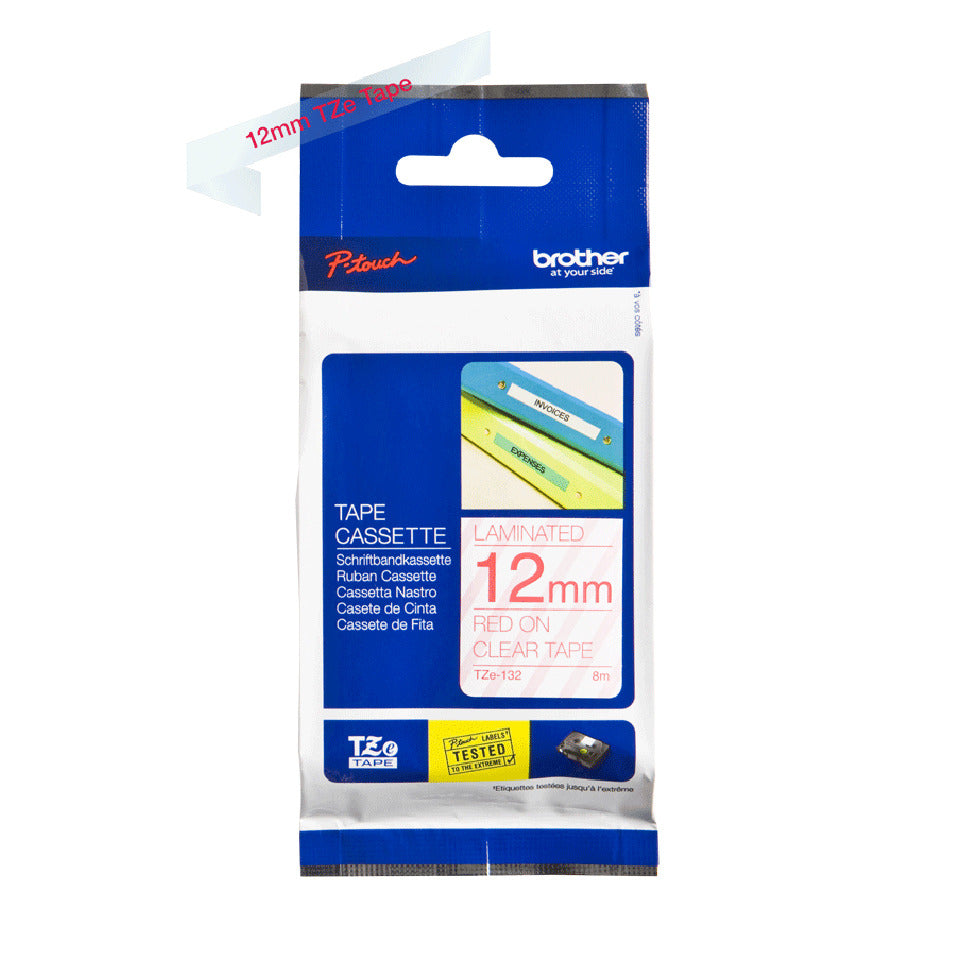 Schriftband laminiert, 12mmx8m, rot/transparent BROTHER TZE132 BROTHER TZE132 12mm 8m