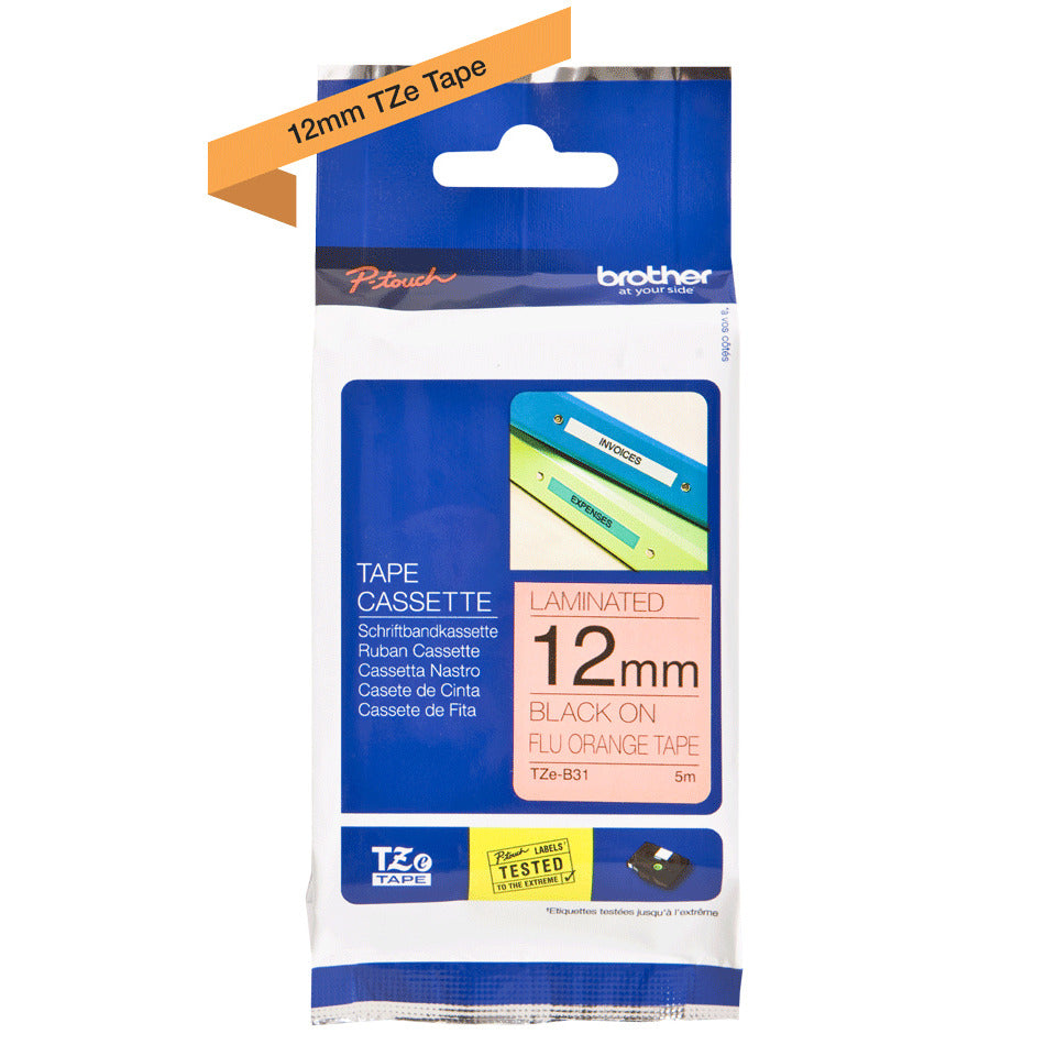 Schriftband laminiert, 12mmx5m, schwarz/signalorange BROTHER TZEB31 BROTHER TZEB31 12mm 5m