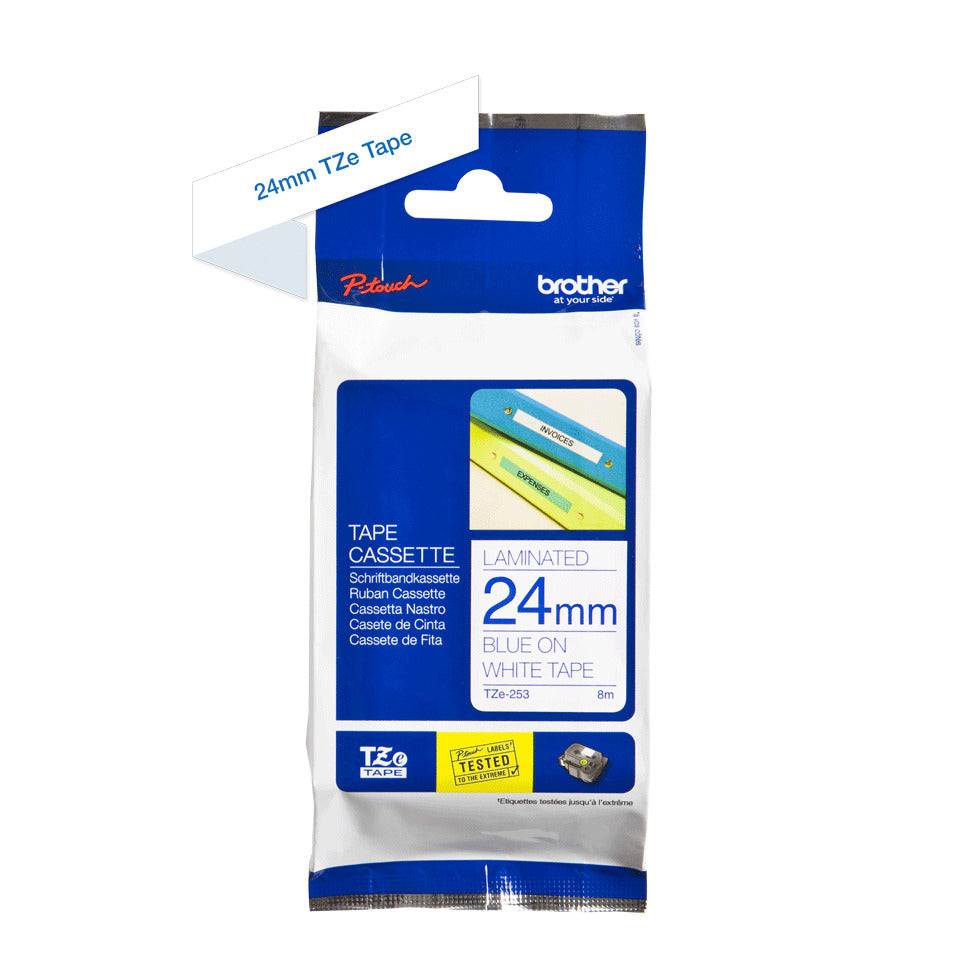 Schriftband, 24mmx8m, blau/weiß BROTHER TZE253 BROTHER TZE253 laminiert