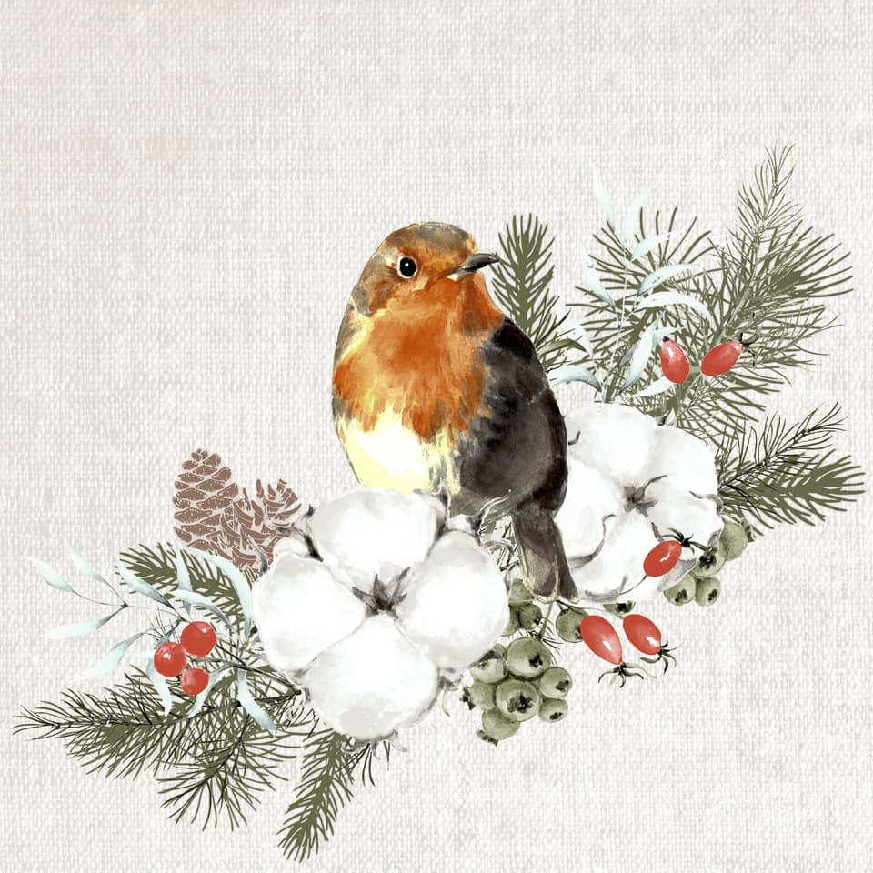 Weihnachts-Zelltuchserviette, Rotkelchen auf Zweig, 25 x 25 cm, 3-lagig, 20 Stück PAPER+DESIGN 207474 PAPER+DESIGN 207474 3lag