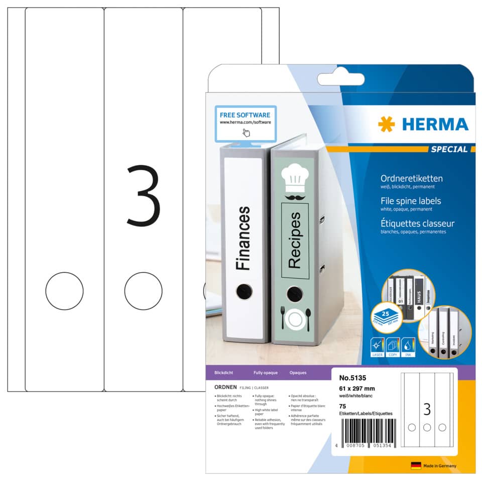 Ordnerrückenschild permanent, 61 x 297 mm, breit/lang, 75 
Stück, weiß HERMA 5135 HERMA 5135 breit/lang permanent haftend