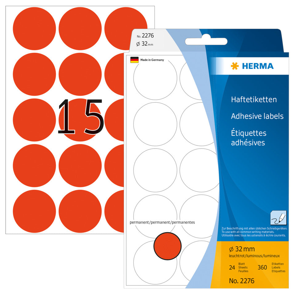 Etiketten permanent, Ø32mm, 360 Stück, leuchtrot HERMA 2276 HERMA 2276  360 STück permanent haftend