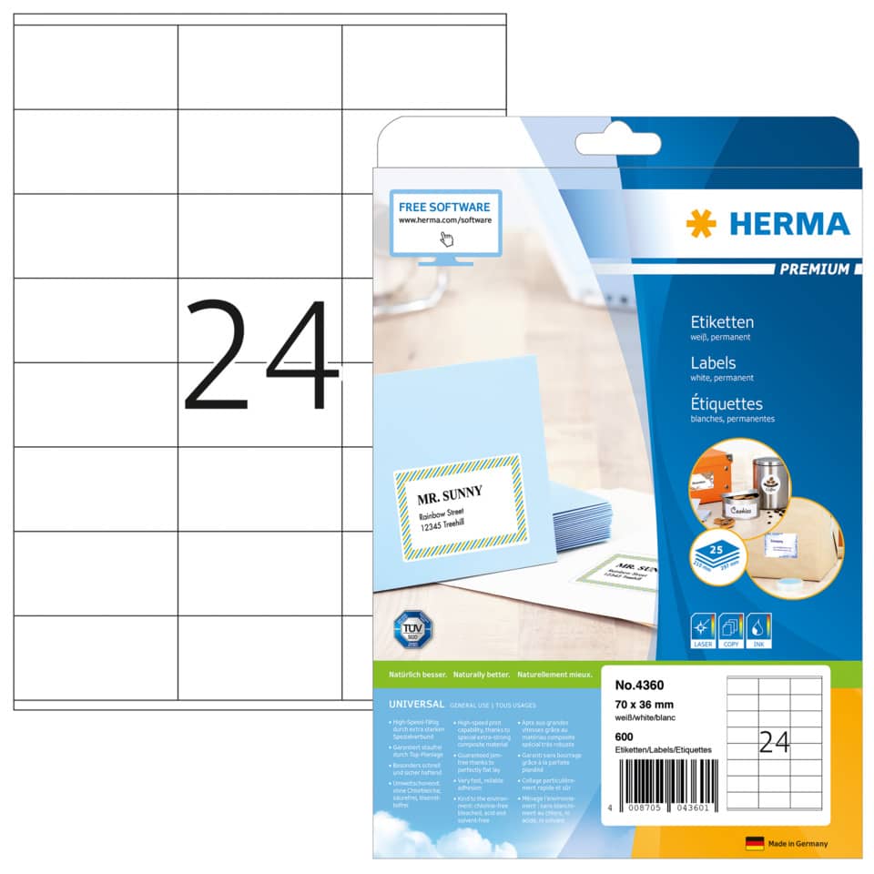 Etiketten Premium permanent, 70x36mm, 600 Stück, weiß HERMA 4360 HERMA 4360  600 Stück permanent haftend
