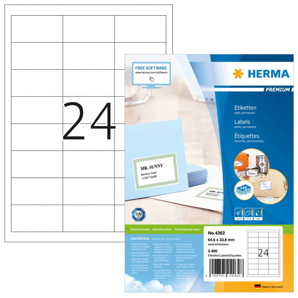 Etiketten Premium permanent, 64,6x33,8mm, 2400 Stück, weiß HERMA 4262