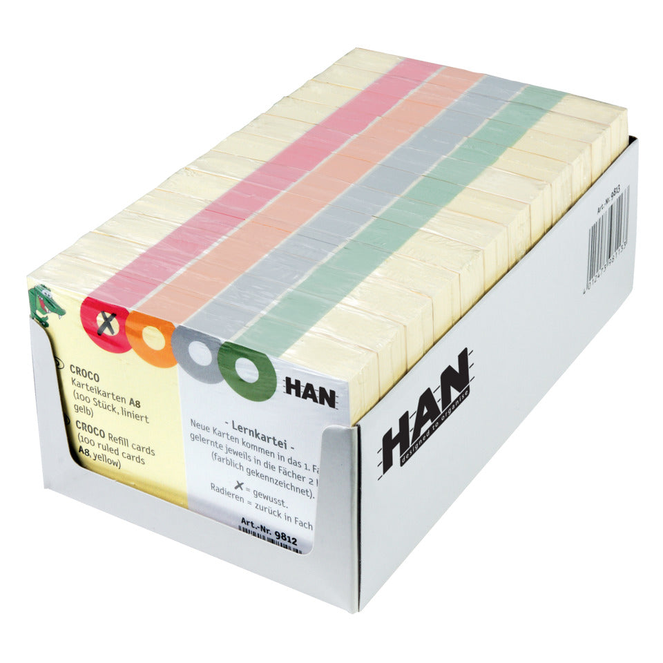 Karteikarten für CROCO DIN A8 quer, stabiler Karteikarton, liniert, 100 Stück, gelb HAN 9812D HAN 9812 Pg100St